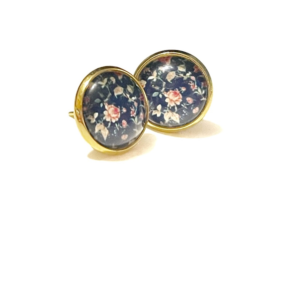 Earrings, dark blue floral design, glass face NWT